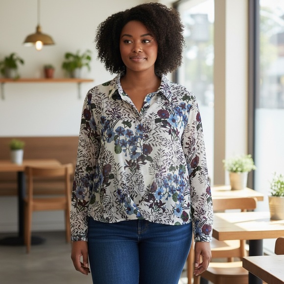 CAbi Tops - CAbi Blue and Purple Floral Shirt Size XL